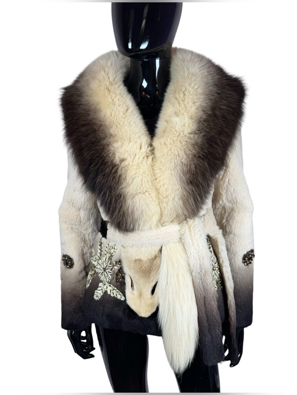 Luxury Cream & Brown rabbit fur fox fur trim Jacket with Embroidered Accents